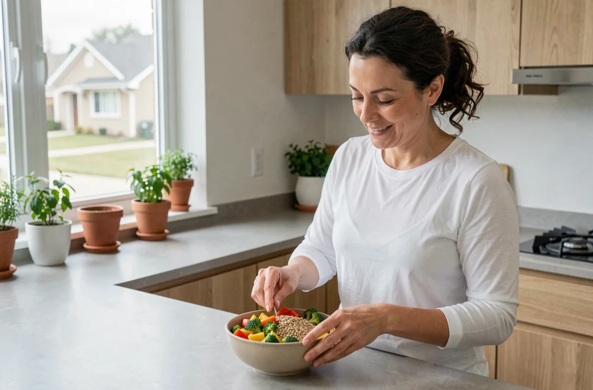 Femme préparant un repas sain en cuisine pour améliorer ses symptômes de la maladie de Ménière grâce à l'alimentation
