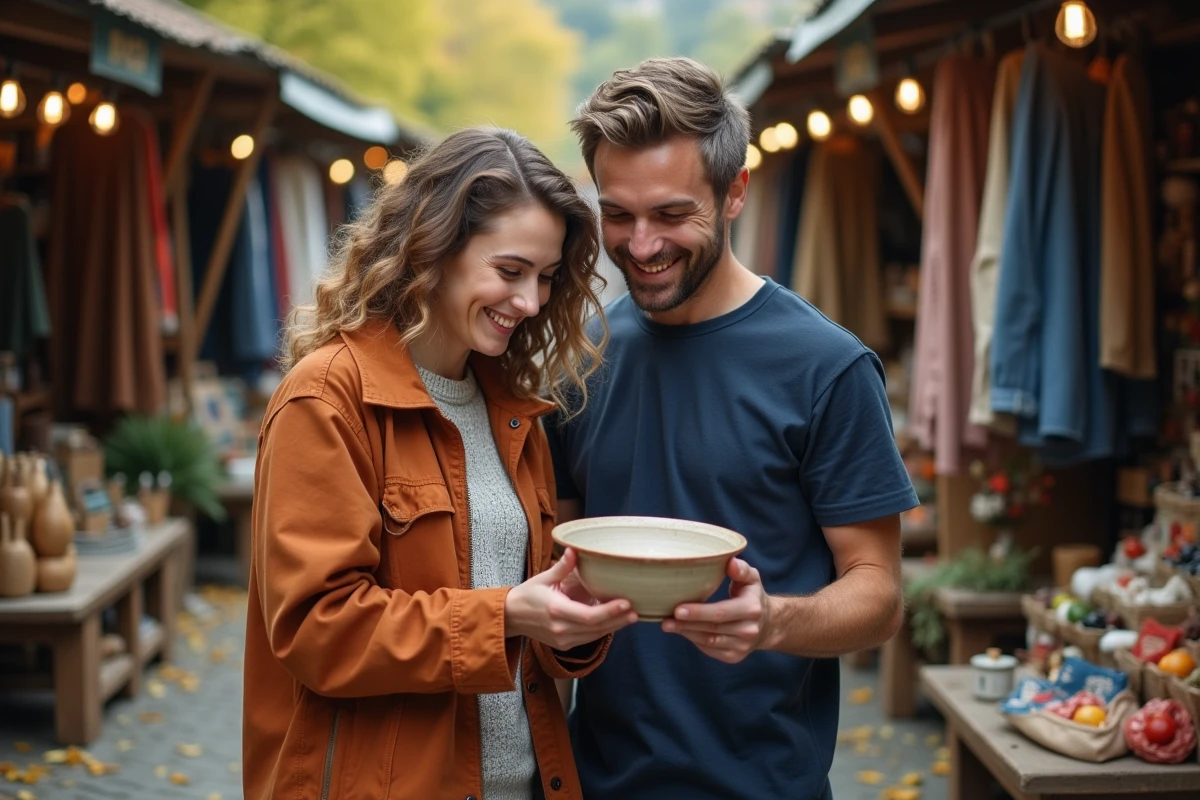 Deux amis explorant un marché aux puces en plein air, illustrant le plaisir de la consommation durable et du shopping de seconde main
