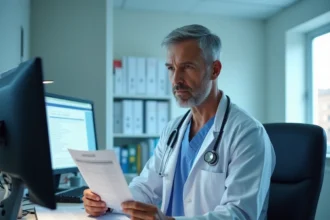 Anesthésiste examinant une liste de médicaments avant une intervention chirurgicale sous anesthésie générale
