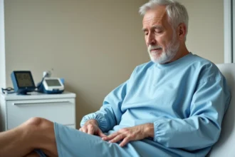 Homme d'une cinquantaine d'années consultant un médecin pour douleur aux jambes, symptôme d'artères bouchées