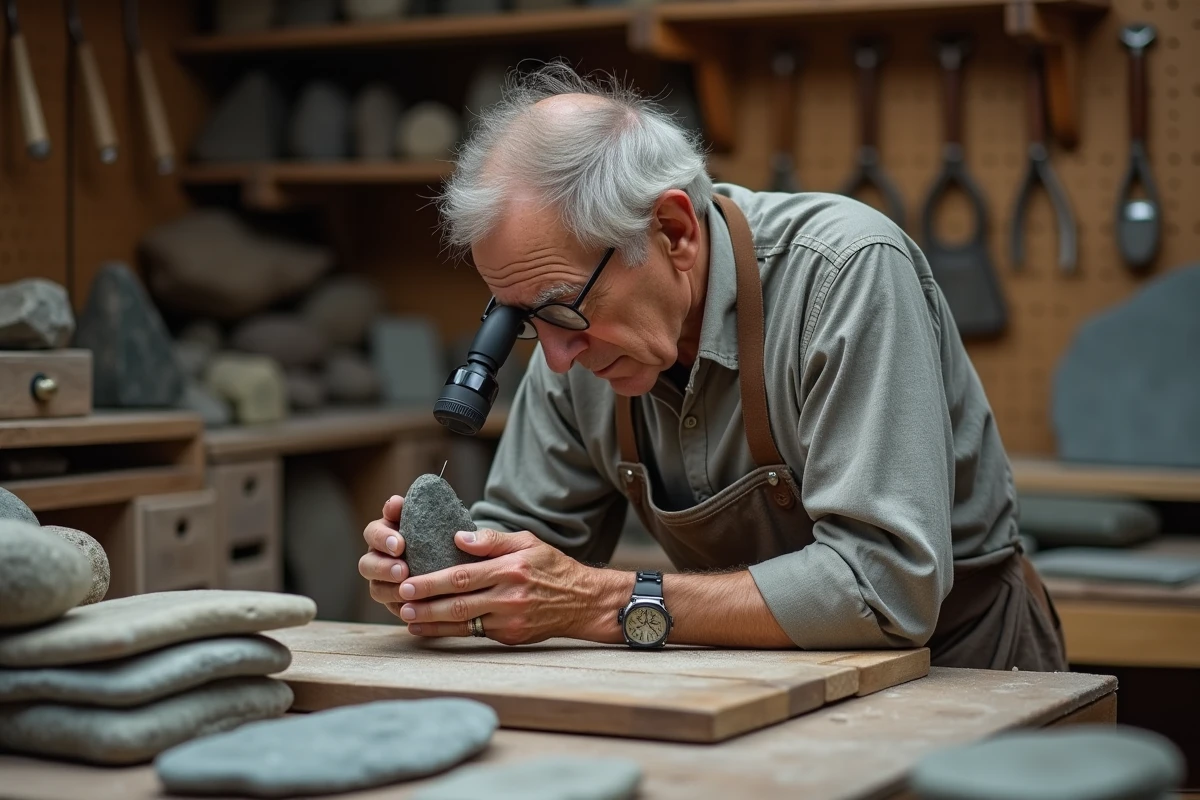 Artisan lapidaire inspectant une pierre de préoccupation polie à la loupe dans un atelier traditionnel de taille de pierre