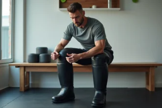Athlète masculin enfilant des bottes de récupération pneumatiques après un entraînement intensif dans une salle de sport moderne
