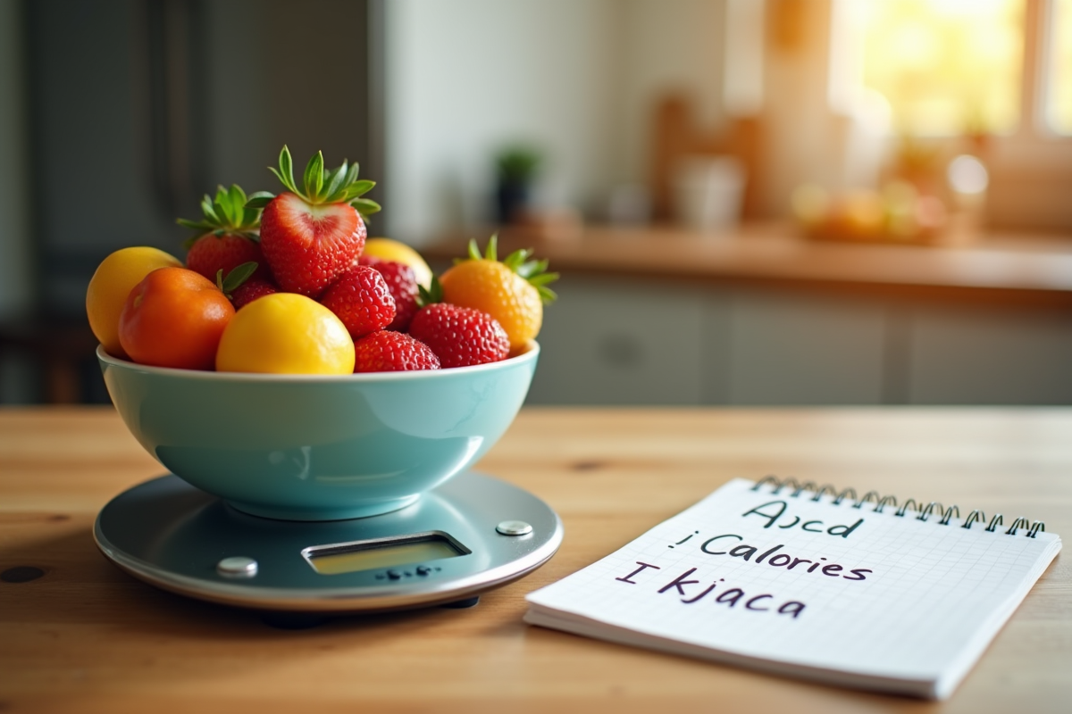 Balance digitale avec fruits frais et notes caloriques