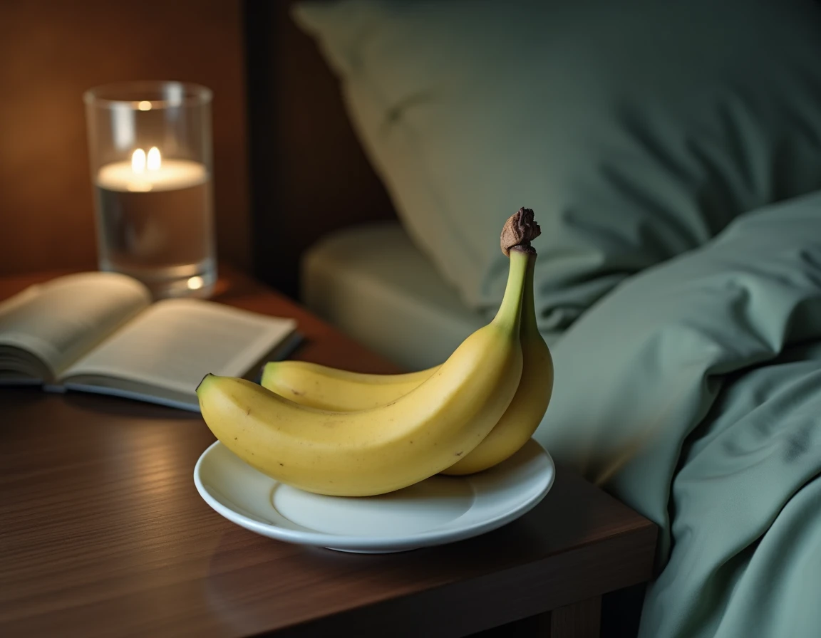 Banane mûre posée sur une table de nuit comme en-cas du soir dans une chambre à coucher cosy