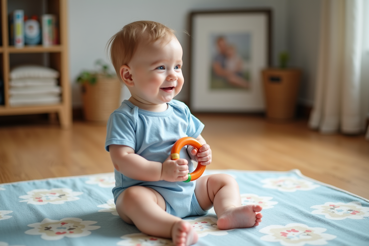 Bébé de six mois assis sur un tapis de jeu avec anneau de dentition