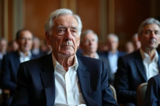 Homme âgé distingué en blazer marine lors d'un événement public à Paris, expression fatiguée mais digne, illustrant les dernières apparitions de Bernard Kouchner