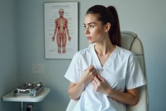Femme examinant une boule sous l'aisselle dans un cabinet médical, réaction ganglionnaire après vaccination