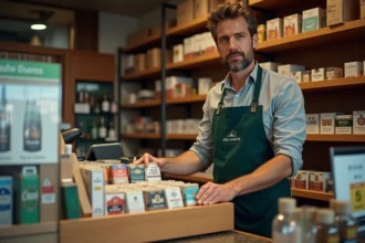 Vendeur dans un bureau de tabac luxembourgeois arrangeant des paquets de cigarettes avec des étiquettes de prix en euros