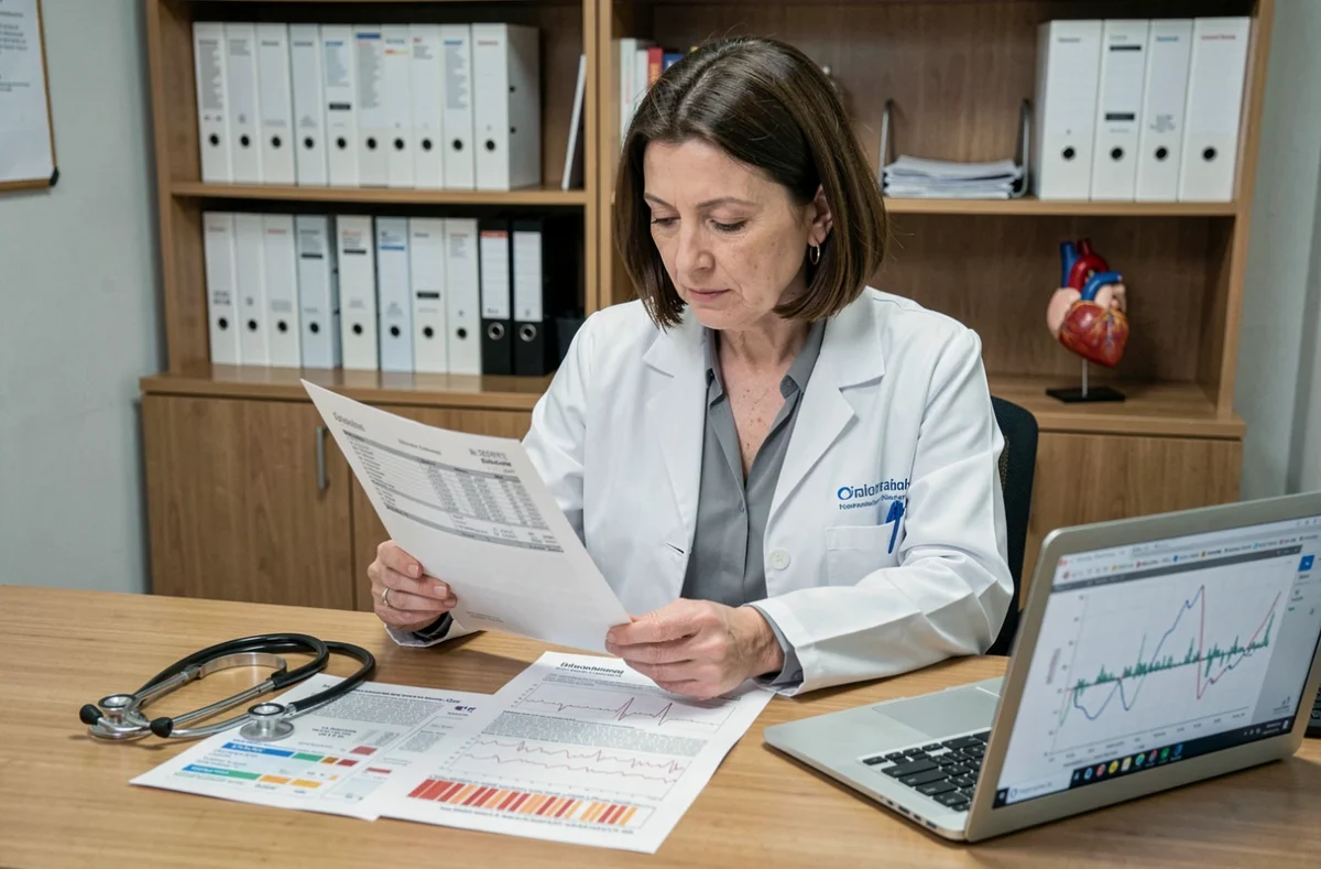 Cardiologue analysant les résultats répétés de troponine sur un rapport de biologie médicale dans son bureau