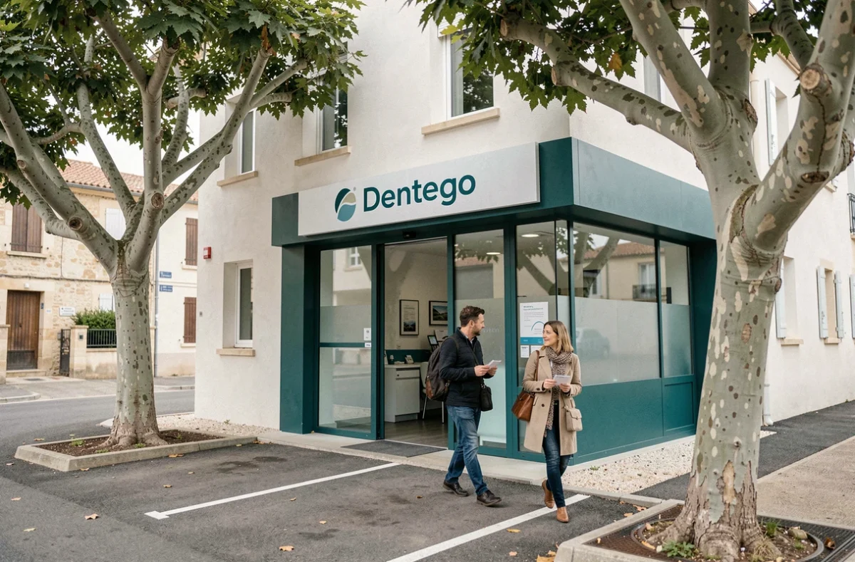 Entrée du Centre Dentaire Draguignan Dentego avec patients se rendant à leur rendez-vous