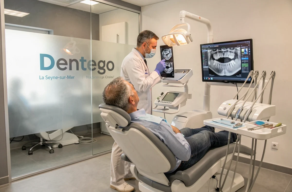 Salle de traitement du Centre Dentaire La Seyne-sur-Mer Dentego avec dentiste et patient