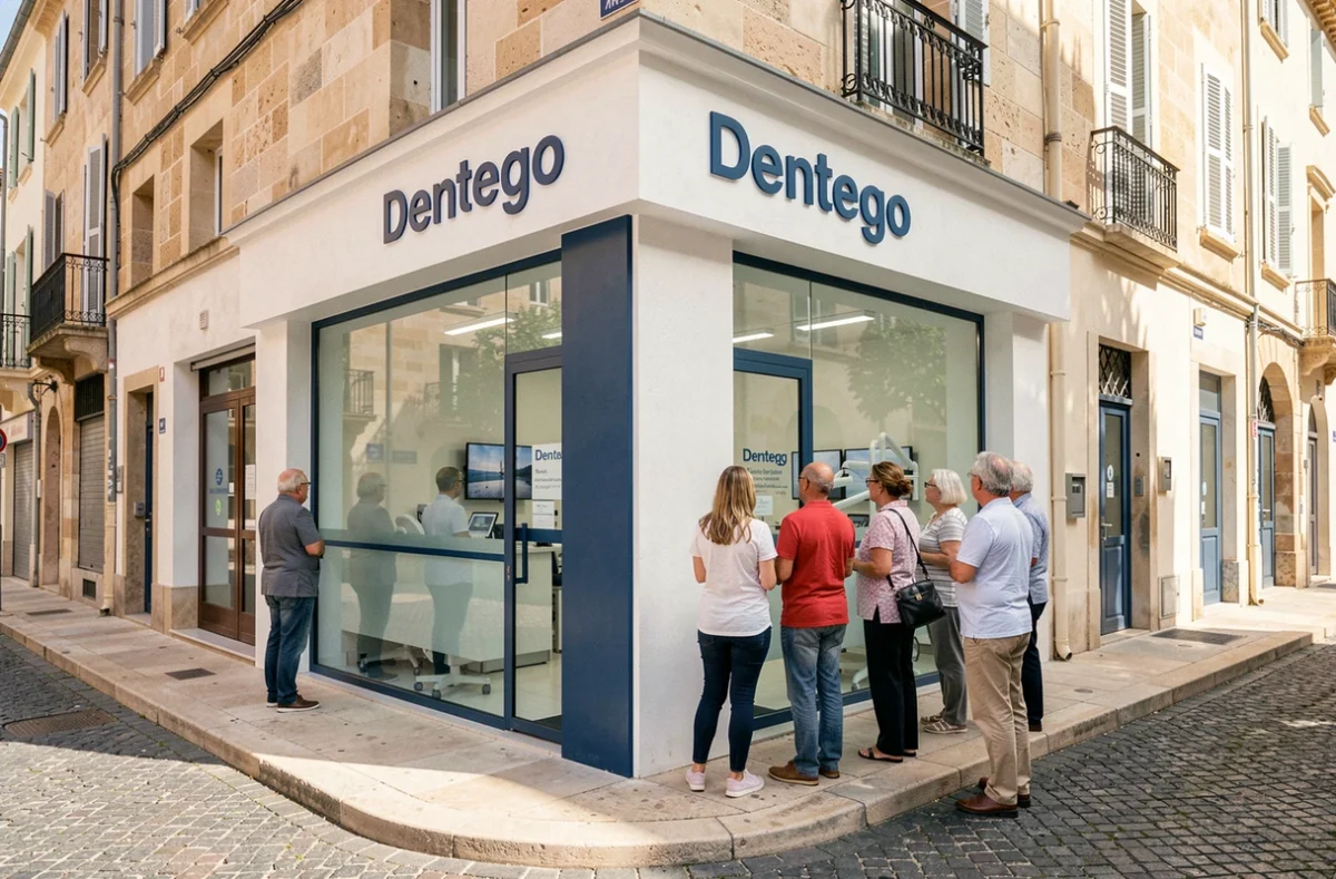 Façade extérieure du Centre Dentaire Toulon Dentego avec des patients à l'entrée