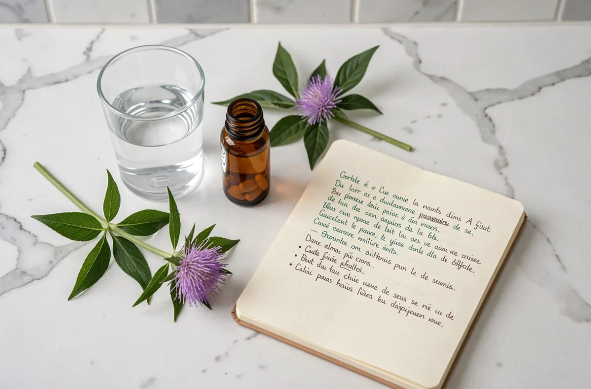 Vue de dessus d'une surface en marbre avec chardon-Marie, verre d'eau et notes de santé manuscrites sur la santé du foie et les selles décolorées