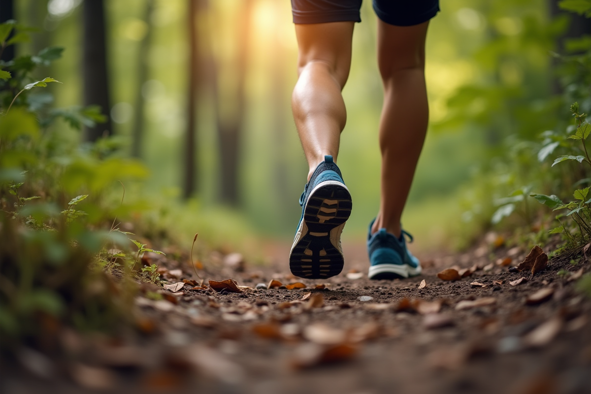 Chaussures de sport et jambes sur un sentier en forêt