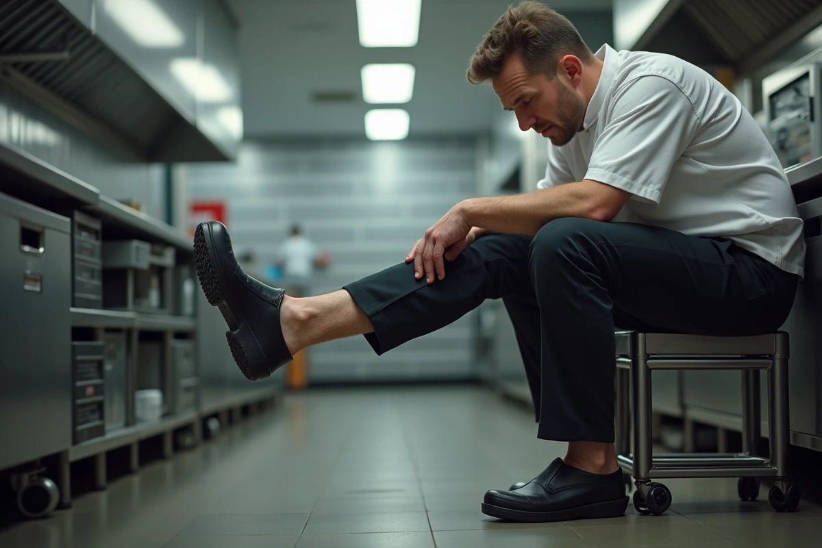 Cuisinier en uniforme blanc avec cheville enflée après une longue journée debout en cuisine