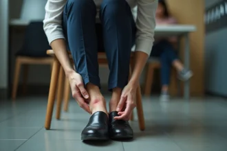 Femme au travail retirant sa chaussure en fin de journée avec une cheville visiblement gonflée