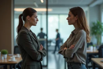 Deux femmes adultes en conversation tendue dans une salle de pause de bureau, illustrant une dynamique de communication difficile avec une personnalité perverse narcissique