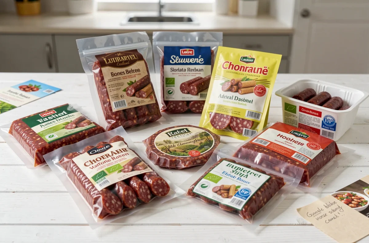 Comparaison de différentes marques et labels de chorizo sur un plan de travail