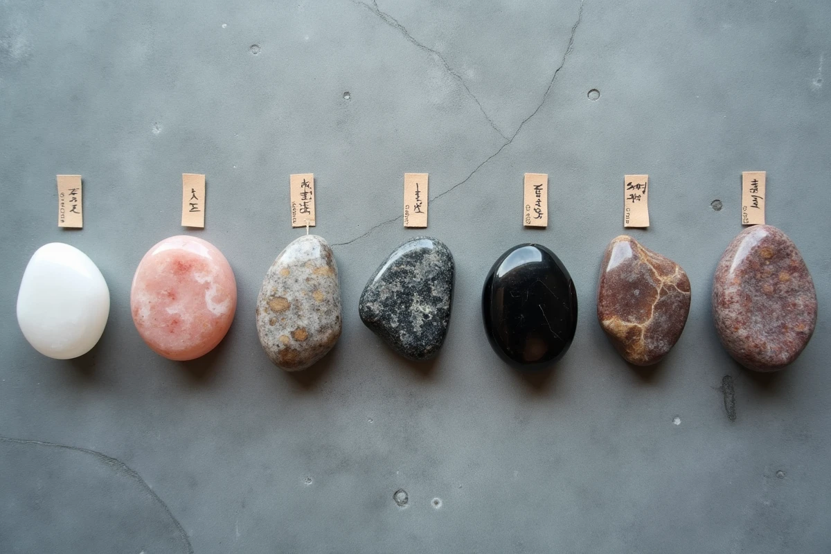Comparaison de pierres de préoccupation artisanales et industrielles côte à côte sur une surface en ardoise, montrant les différences de texture et de qualité