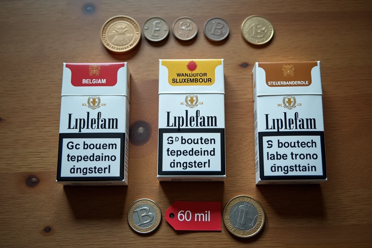 Comparaison de paquets de cigarettes belges, allemands et luxembourgeois posés sur une table en bois avec des pièces en euros