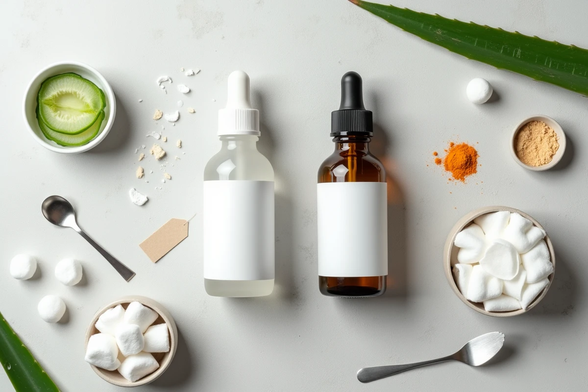 Comparaison entre un sérum du commerce et un sérum fait maison posés côte à côte avec des ingrédients naturels