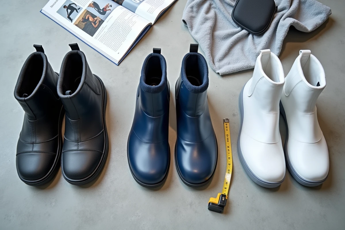 Comparatif de trois modèles de bottes de récupération sportive disposés en flat-lay sur fond béton gris pour un guide d'achat