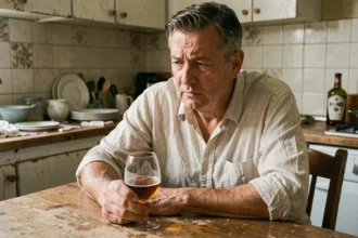 Homme seul à table face à un verre de pastis à moitié vide, illustrant les signaux d'alerte liés à la consommation quotidienne de Ricard