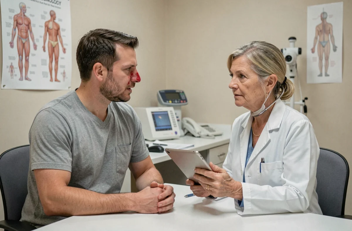 Patient adulte en consultation chez un allergologue pour une allergie aux oignons, médecin prenant des notes dans un cabinet médical moderne