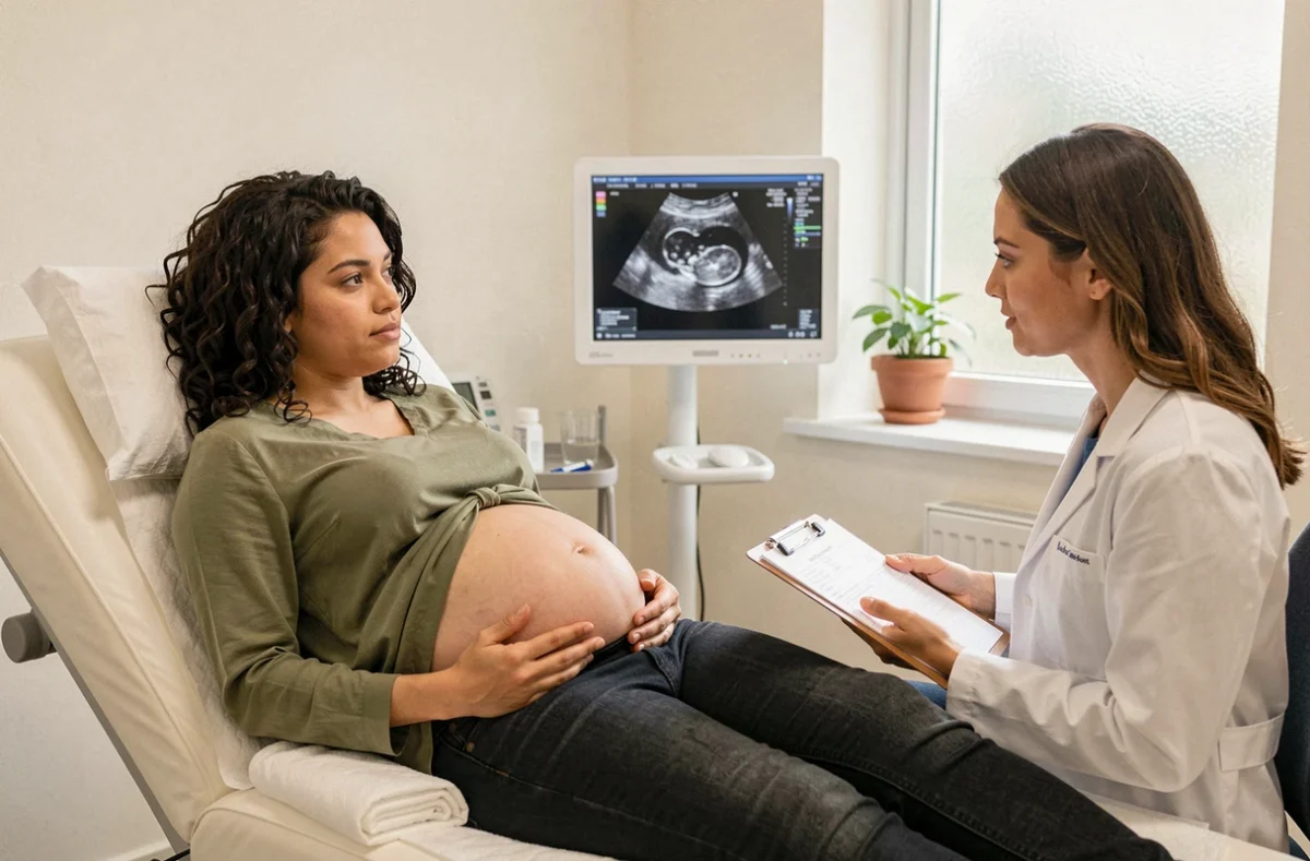 Femme enceinte en consultation d'échographie de datation discutant des résultats avec son médecin