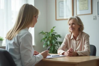 Femme d'une cinquantaine d'années en consultation gynécologique, discutant d'un traitement hormonal avec son médecin dans un cabinet moderne