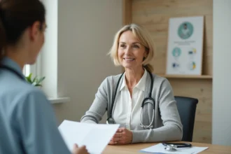 Femme en consultation médicale discutant de la prise en charge à 100% avec son médecin généraliste