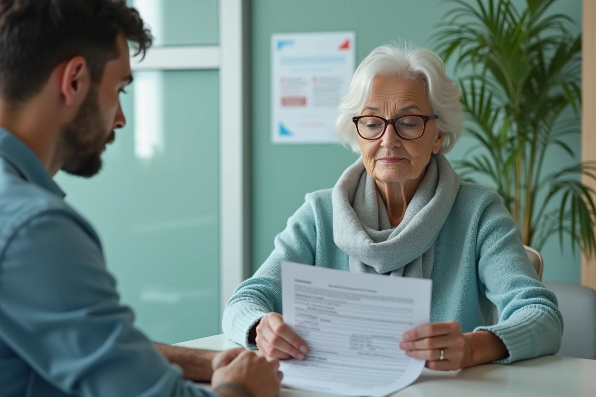 Femme senior et jeune homme discutent d un rapport médical