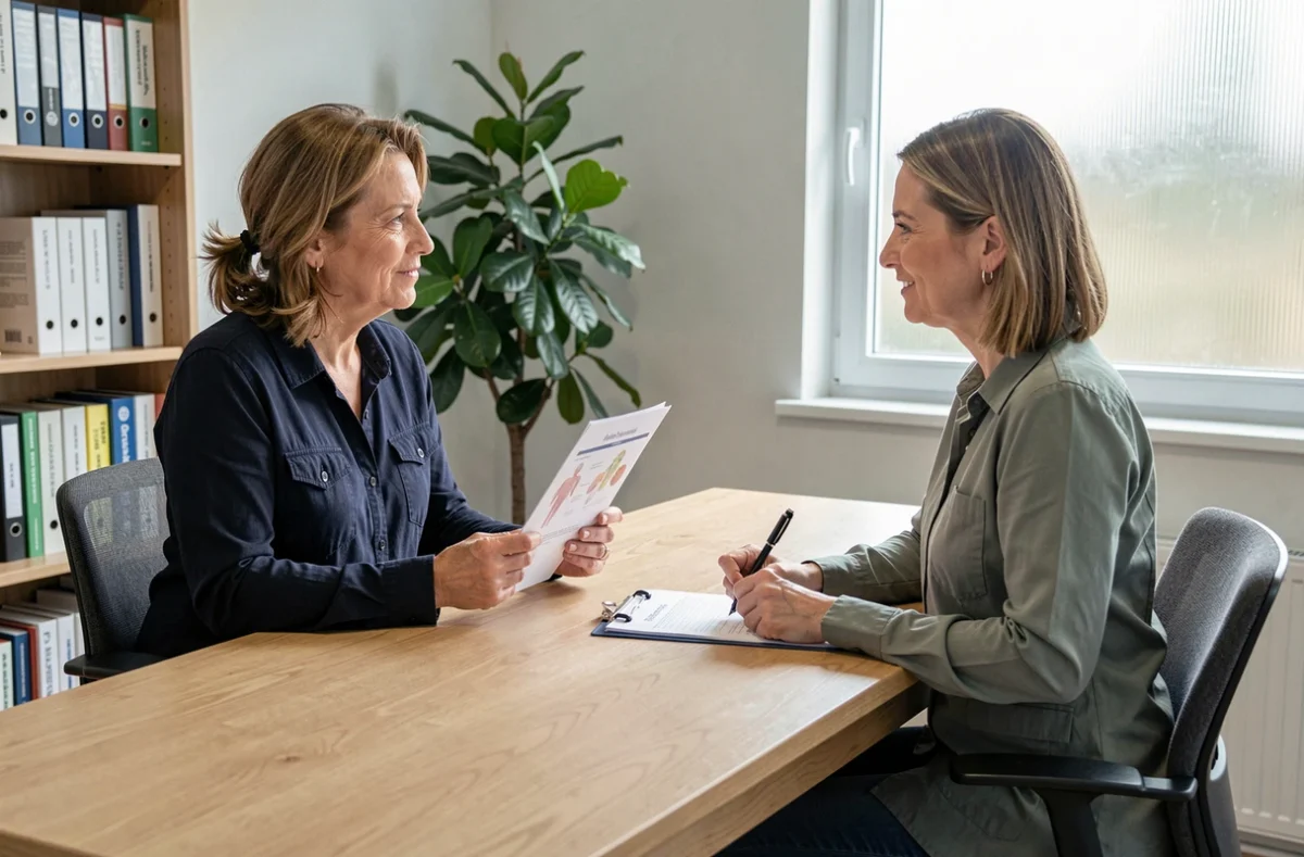 Femme française en consultation nutritionnelle avec une diététicienne, discussion sur l'IMC, la taille et la santé pondérale