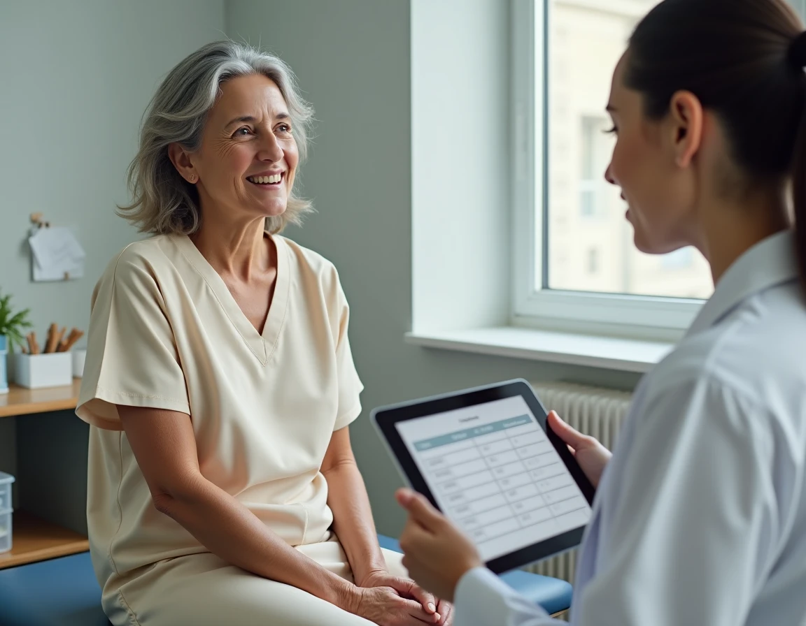Patiente en consultation pré-opératoire discutant des médicaments à adapter avant une anesthésie générale