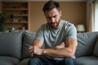 Homme examinant une contraction musculaire involontaire sur son avant-bras, assis chez lui dans un cadre domestique calme