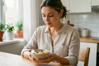 Femme tenant un bol de coupe-faim naturels comme des pommes, amandes et graines de chia dans une cuisine moderne