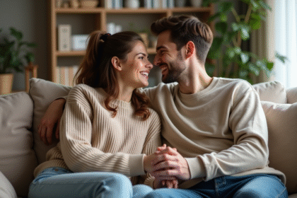 Jeune couple souriant sur un canapé cosy à la maison