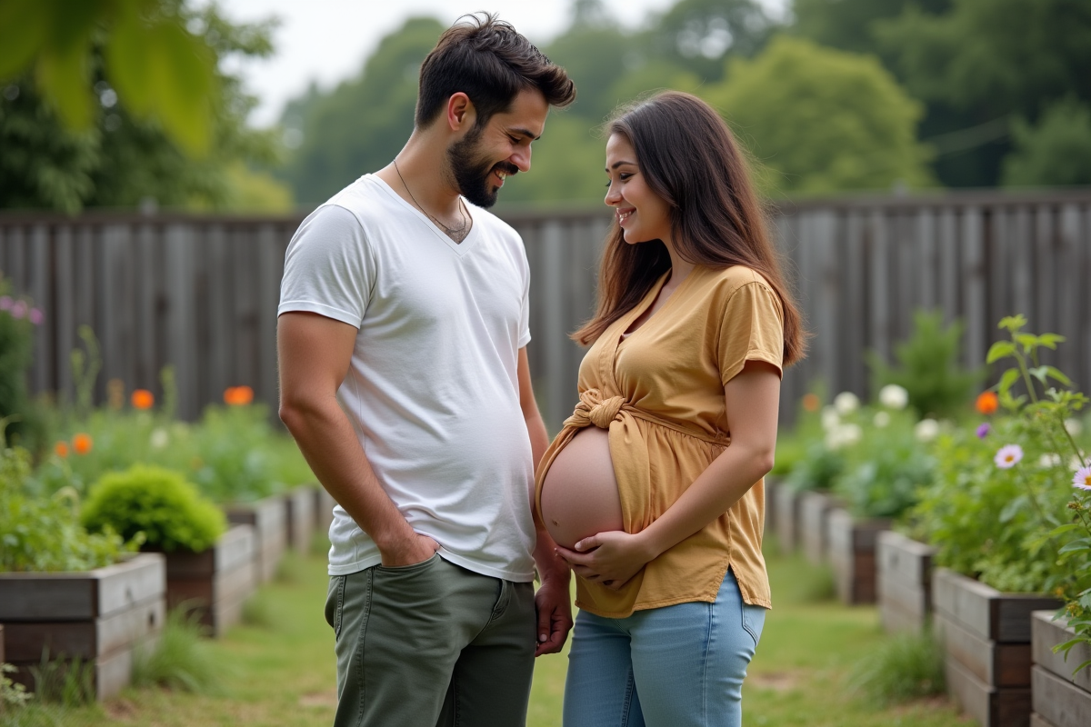 Jeune couple dans un jardin communautaire regardant une échographie