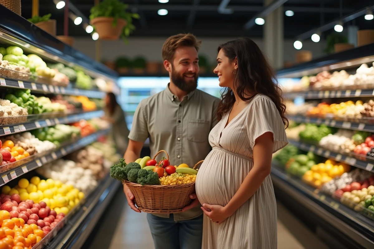 Couple en pleine sélection de produits frais au supermarché