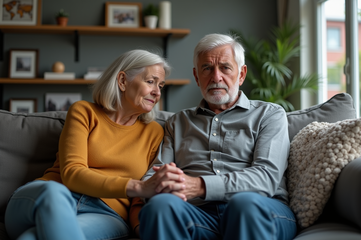 Couple inquiet assis sur le canapé du salon
