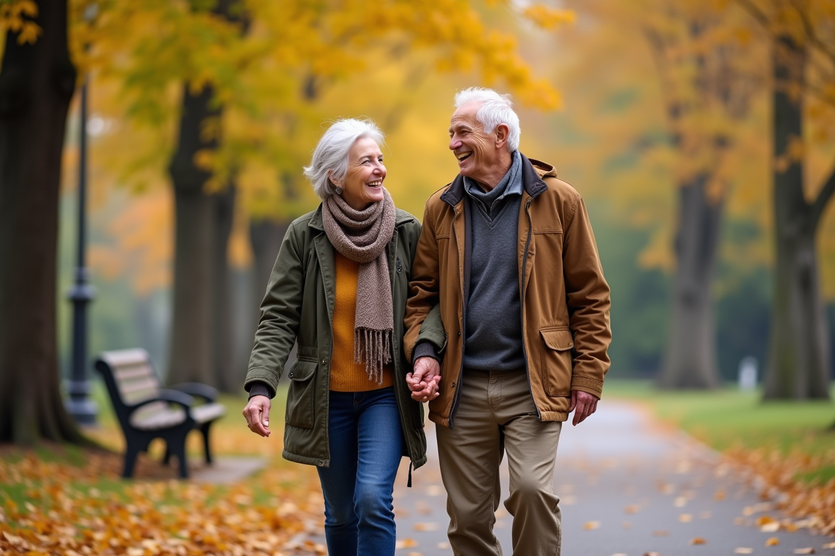 Couple âgé se promenant dans un parc automnal