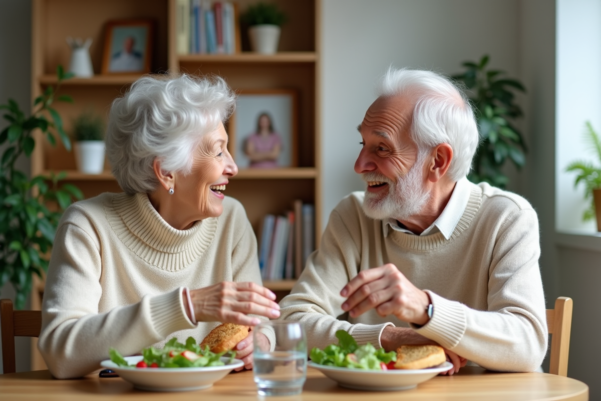 Couple âgé partageant une salade dans une salle lumineuse
