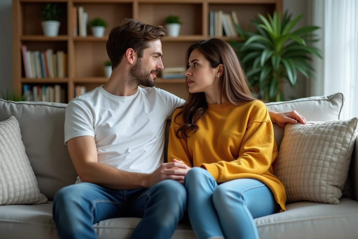 Jeune couple assis sur un canapé dans un salon cosy
