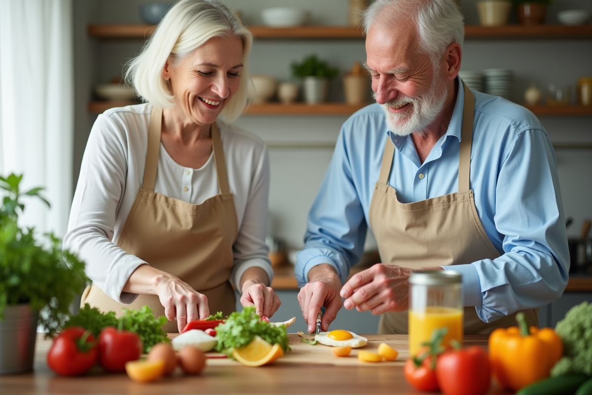 Couple senior préparant un repas coloré dans la cuisine