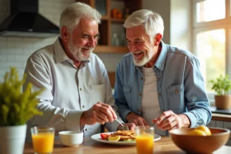 Couple senior préparant un petit déjeuner riche en vitamine B12