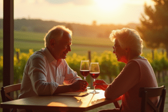 Couple senior dégustant un vin rouge dans un vignoble ensoleille