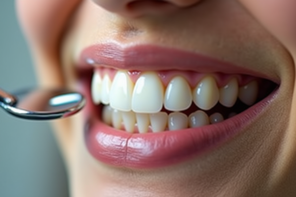 Zoom sur dents blanches avec miroir dentaire brillant