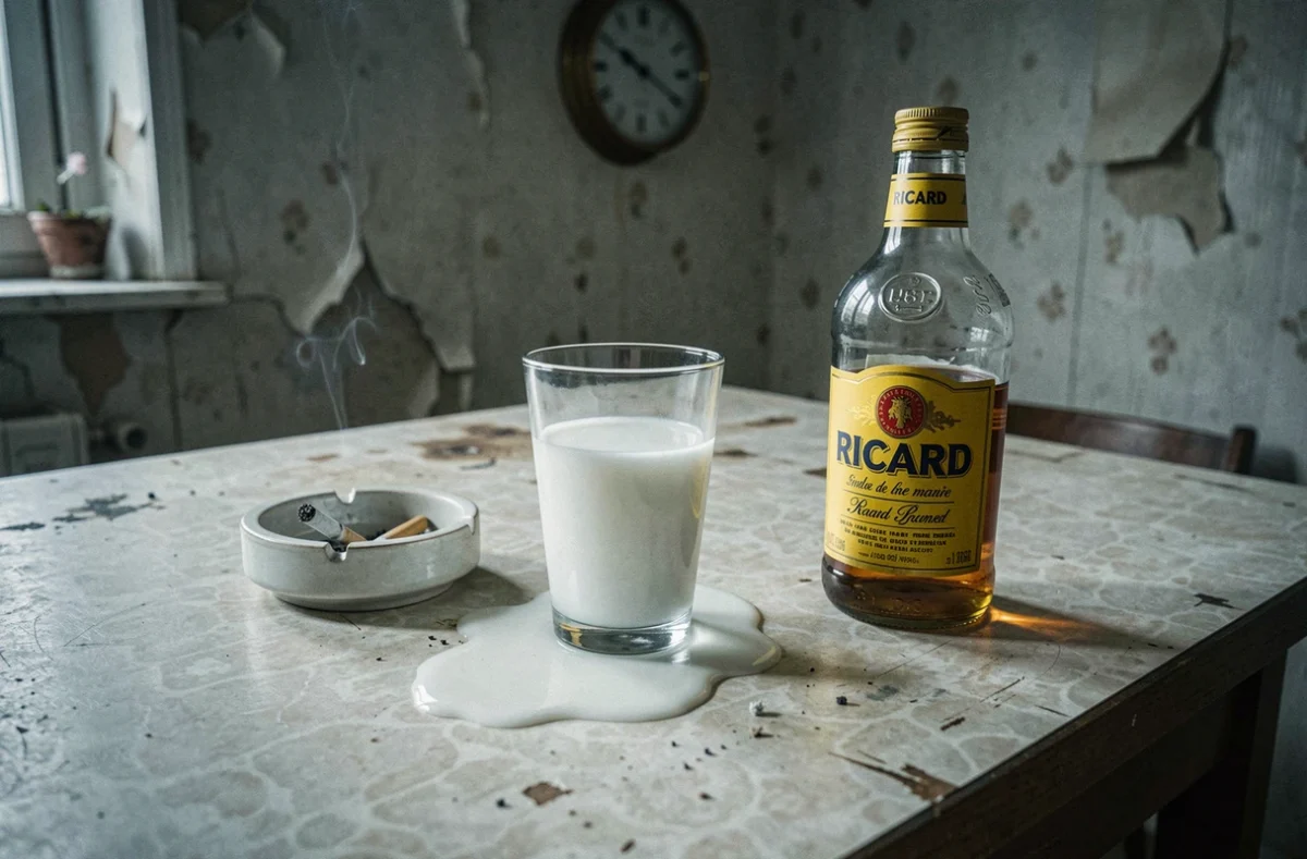 Gros plan sur un verre de pastis, une bouteille de Ricard et un cendrier sur une table usée, illustrant les risques liés à une consommation quotidienne d'alcool anisé
