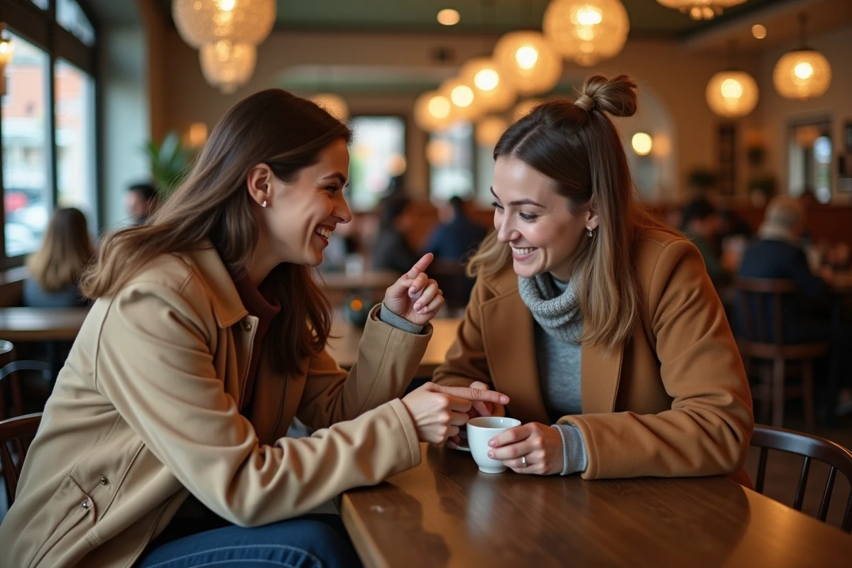 Deux femmes discutant de la signification de se gratter la main gauche dans un café, évoquant croyances et superstitions populaires