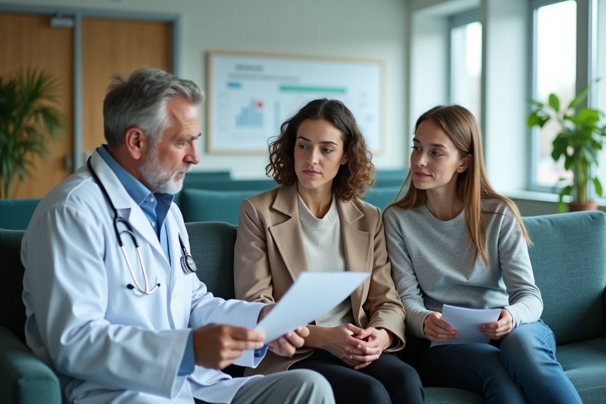 Medecin explique resultats de tests a une famille dans la salle d attente